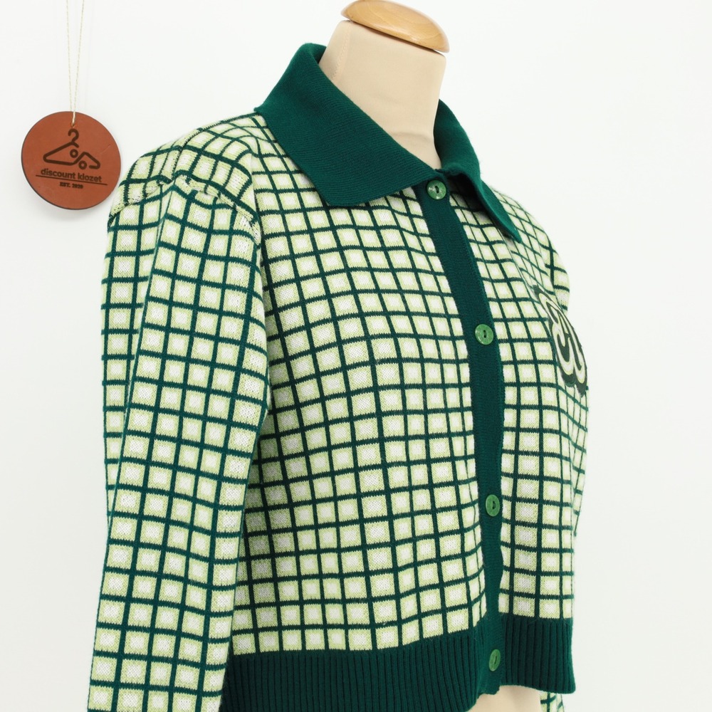 A Lot Studio Green Grid Cropped Varsity Cardigan Sweater Letterman Patch Medium - Picture 5 of 12